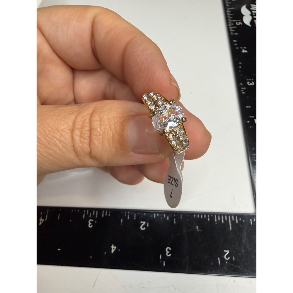 Gold Tone Oval Cut Clear Stone Cocktail Ring Size 7 Statement Band